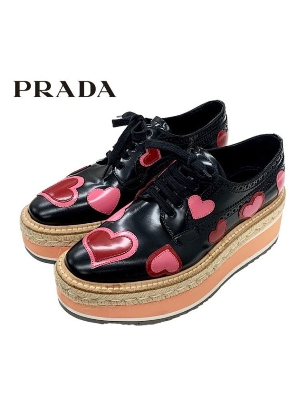 Prada Flat Shoes Black Red Pink Lace Up Heart Platform